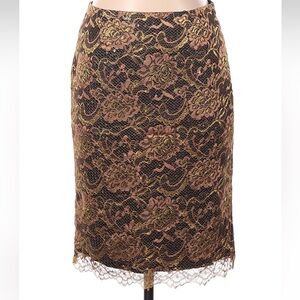 Trina Turk Gold Lace Sequin Scallop Pencil Skirt Size 2 XS Formal Party Vintage